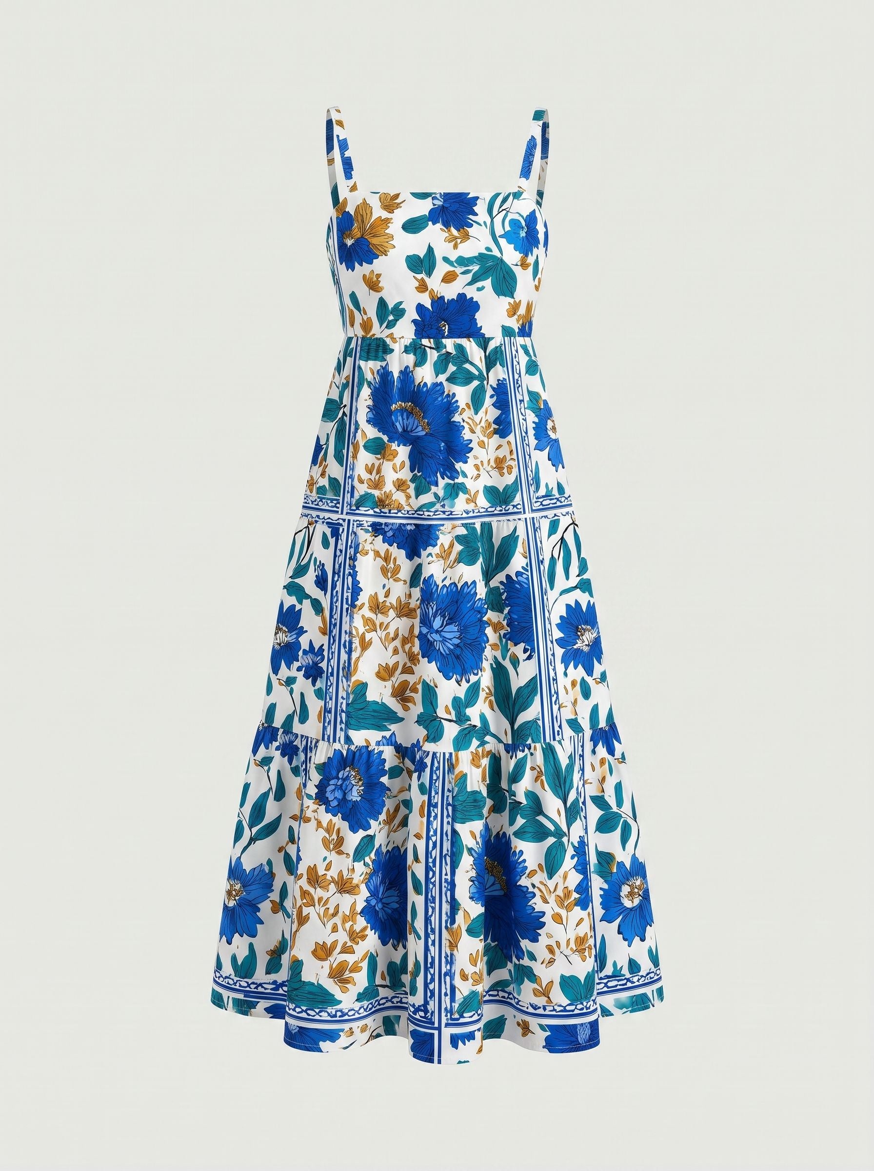 FLORA Floral Print Tiered Strap Midi Dress