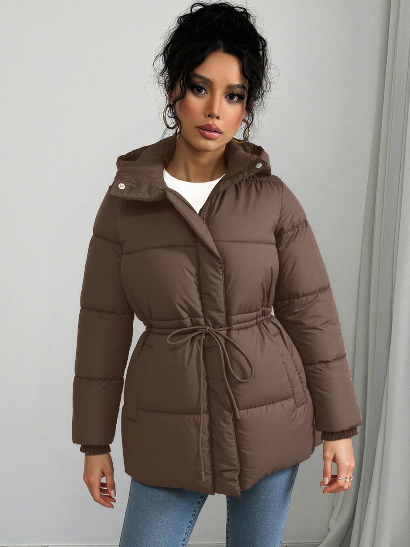 Cinched Waist Hooded Puffer Jacket