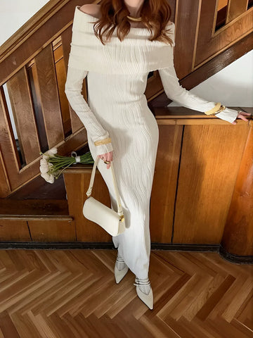 Off Shoulder Ribbed Knit Maxi Dress