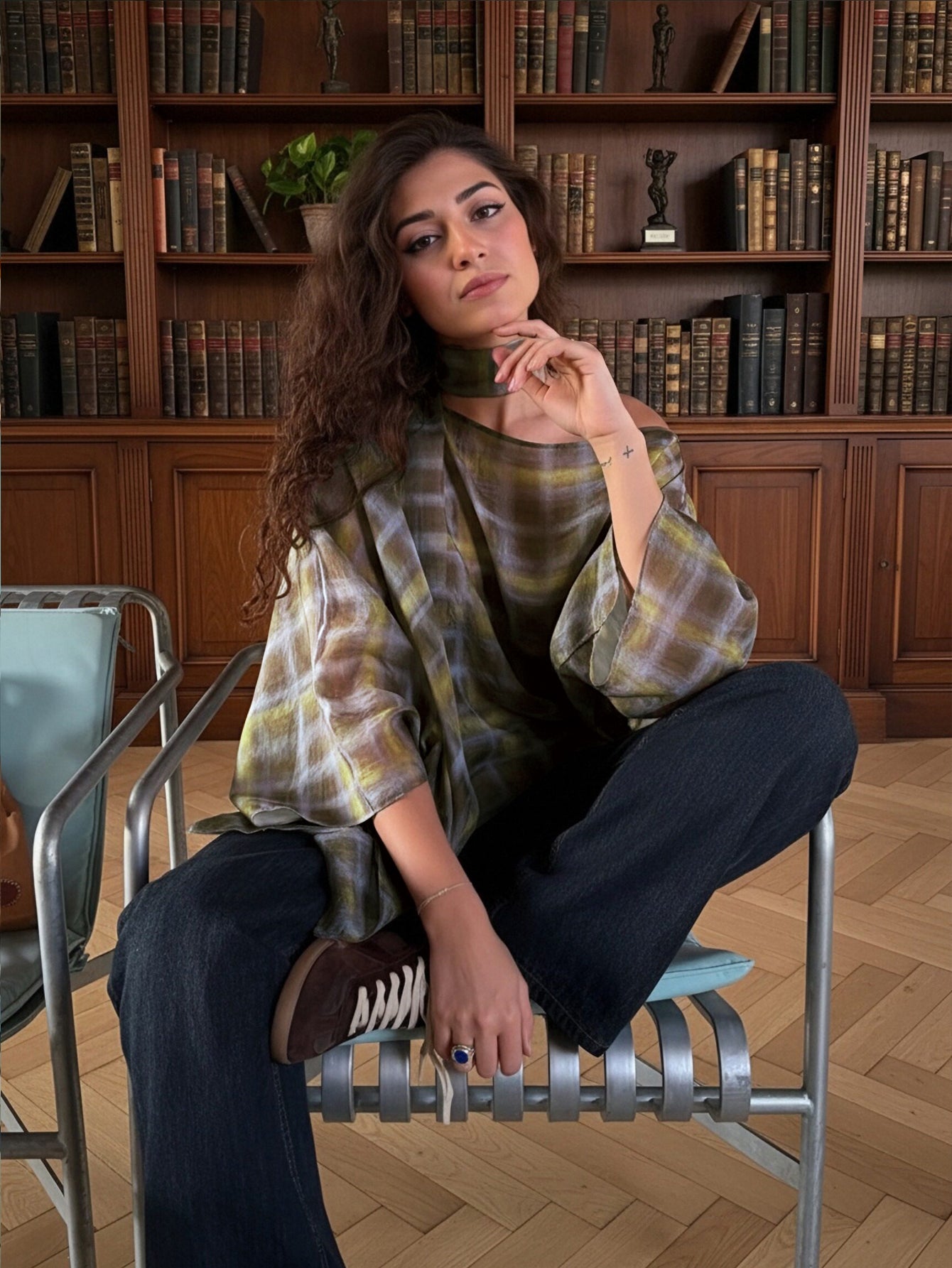 Plaid Bardot Neck Blouse