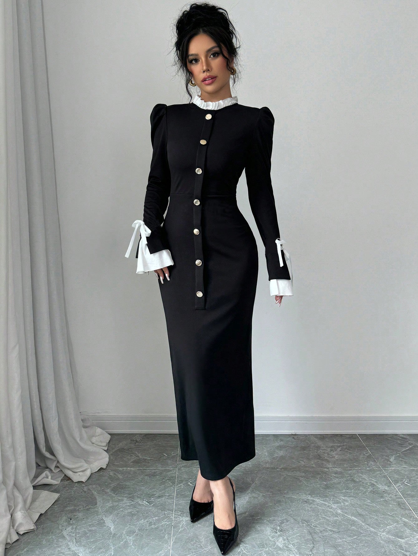 Elegant Button Front Contrast Midi Dress