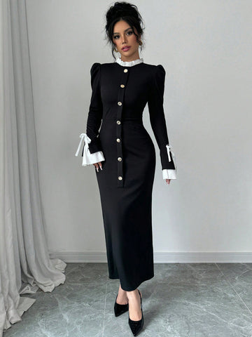 Elegant Button Front Contrast Midi Dress