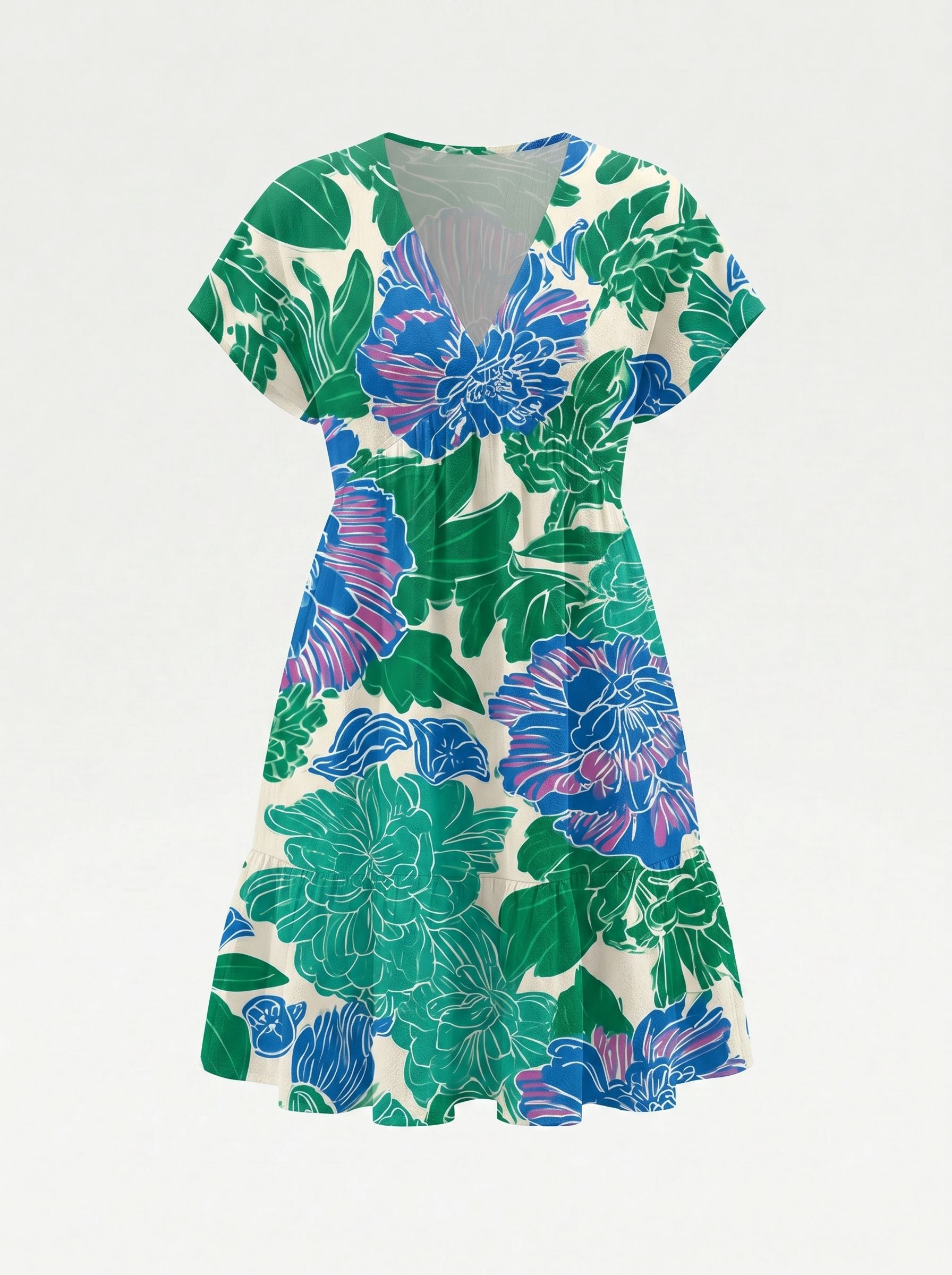 Floral Print V Neck Tiered Babydoll Mini Dress