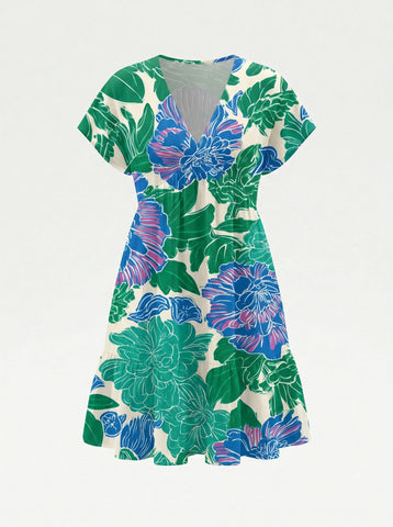 Floral Print V Neck Tiered Babydoll Mini Dress
