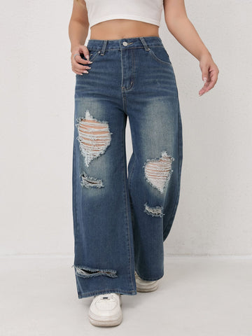 Distressed High Waisted Wide Leg Jeans