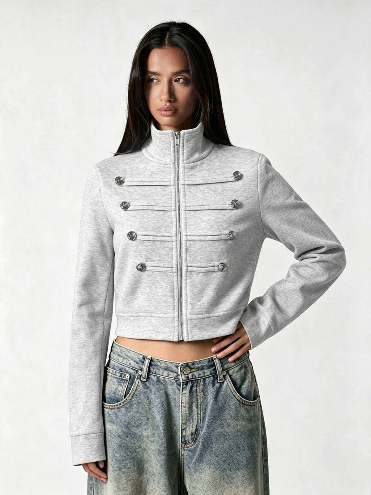 Cropped Military Style Zip Up Jacket