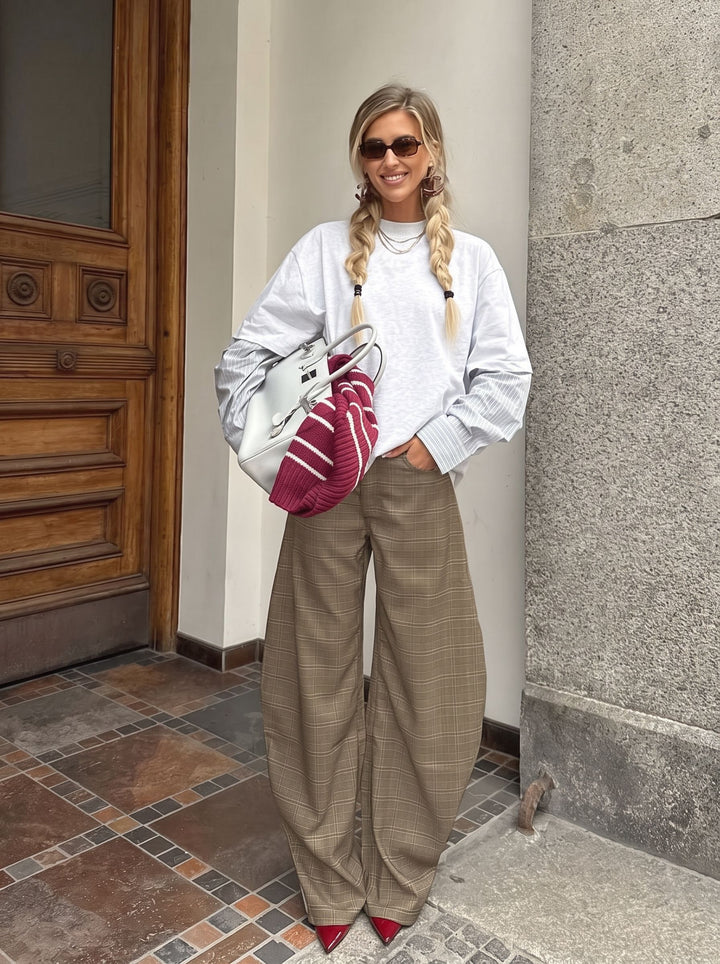 High Waisted Plaid Wide Leg Trousers