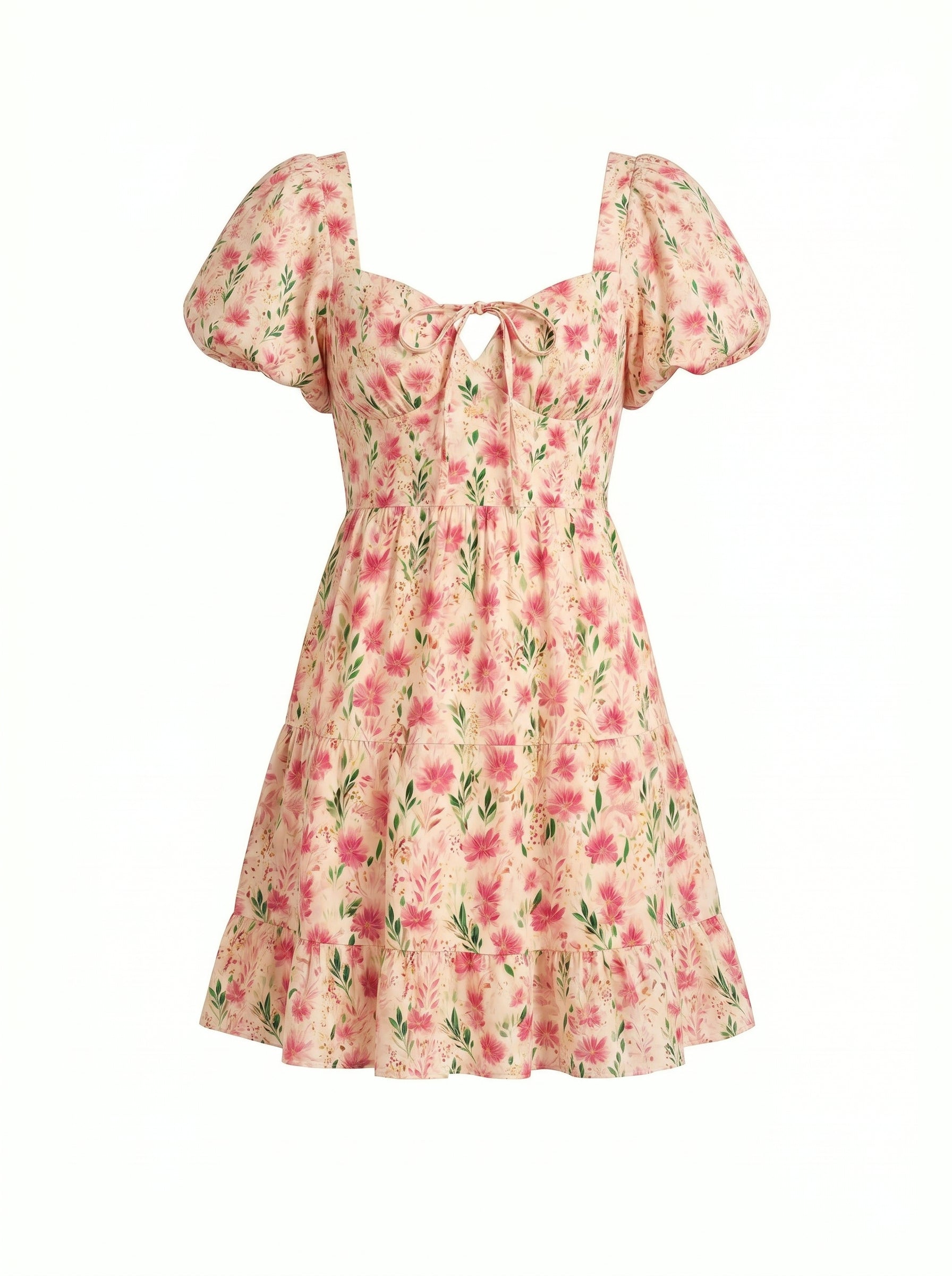 Floral Print Puff Sleeve Tiered Mini Dress