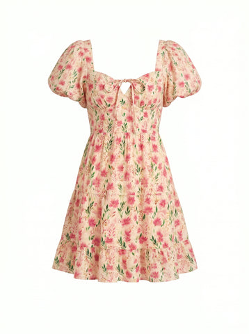 Floral Print Puff Sleeve Tiered Mini Dress