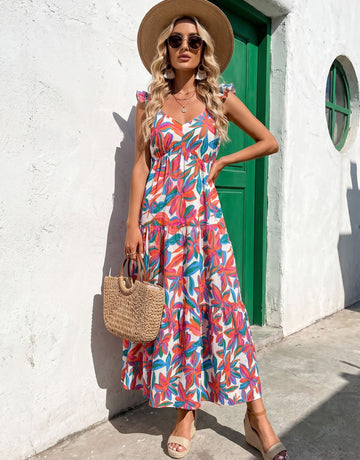 Floral Print Ruffled Sleeve Maxi Dress