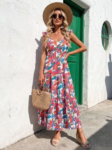 Floral Print Ruffled Sleeve Maxi Dress