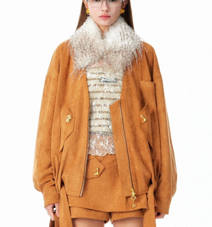 Faux Fur Trim Suede Jacket