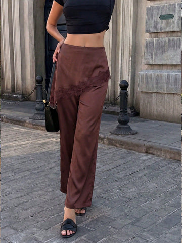 Lace Trim Satin Wide Leg Pants