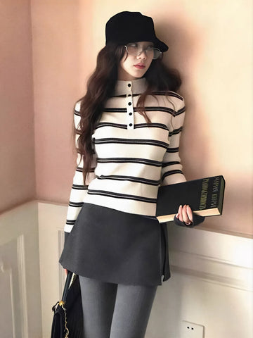 Striped Button Mock Neck Sweater