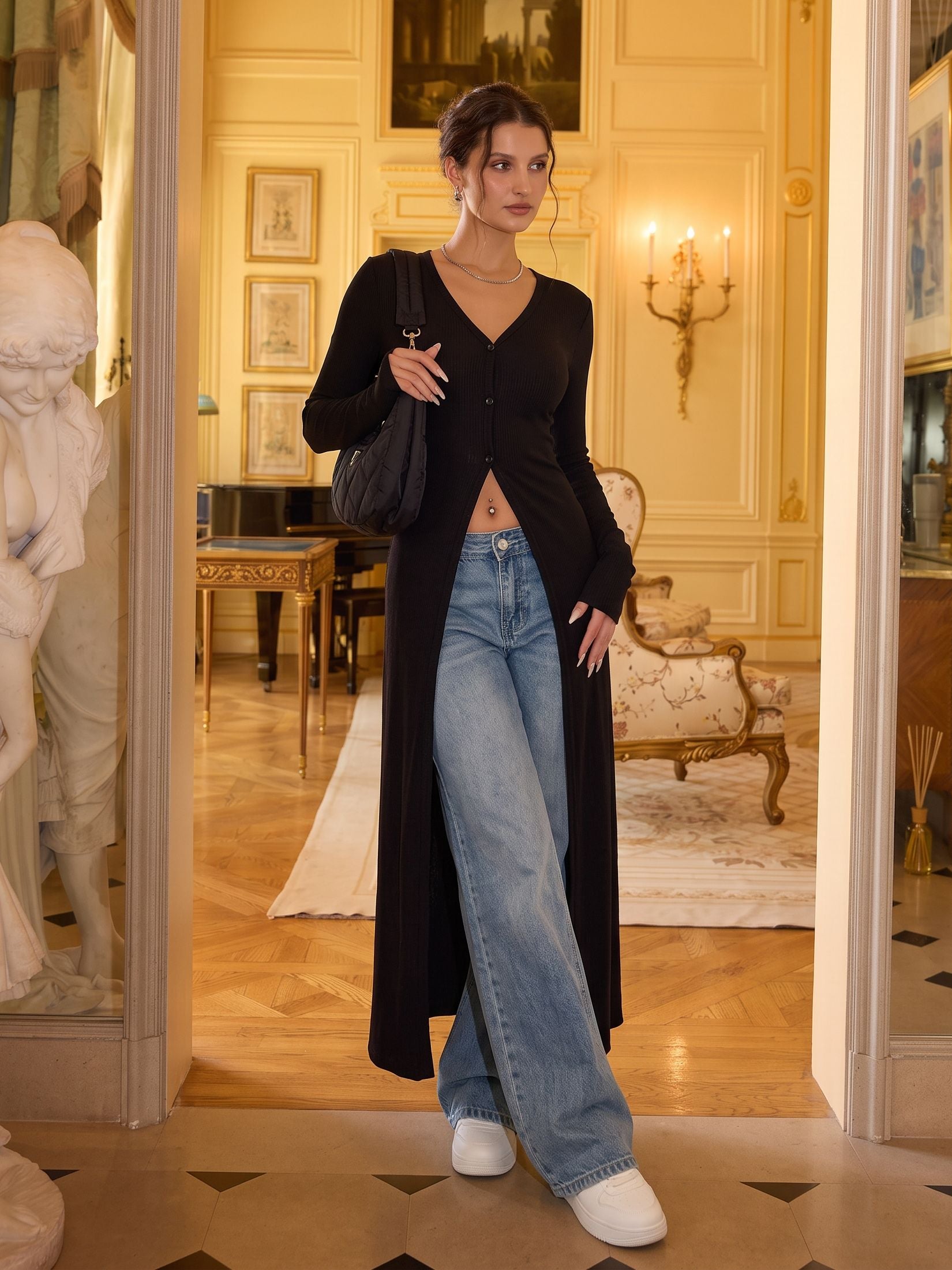 Ribbed Button Front Long Cardigan