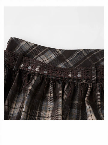 Plaid Lace Trim Bubble Mini Skirt