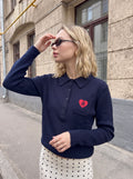 Embroidered Heart Collared Knit Sweater