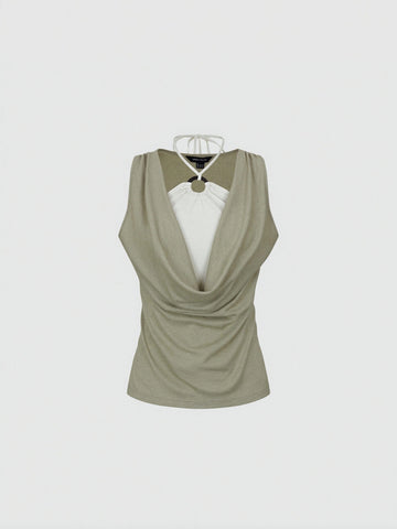 2 In 1 Contrast Cowl Neck Ruched Skinny-Fit T-Shirts