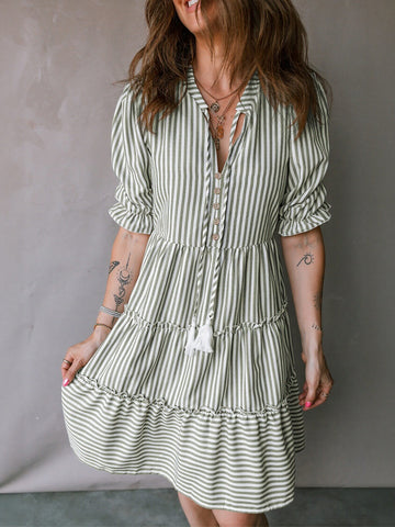 Striped Tiered Tassel Detail Dress