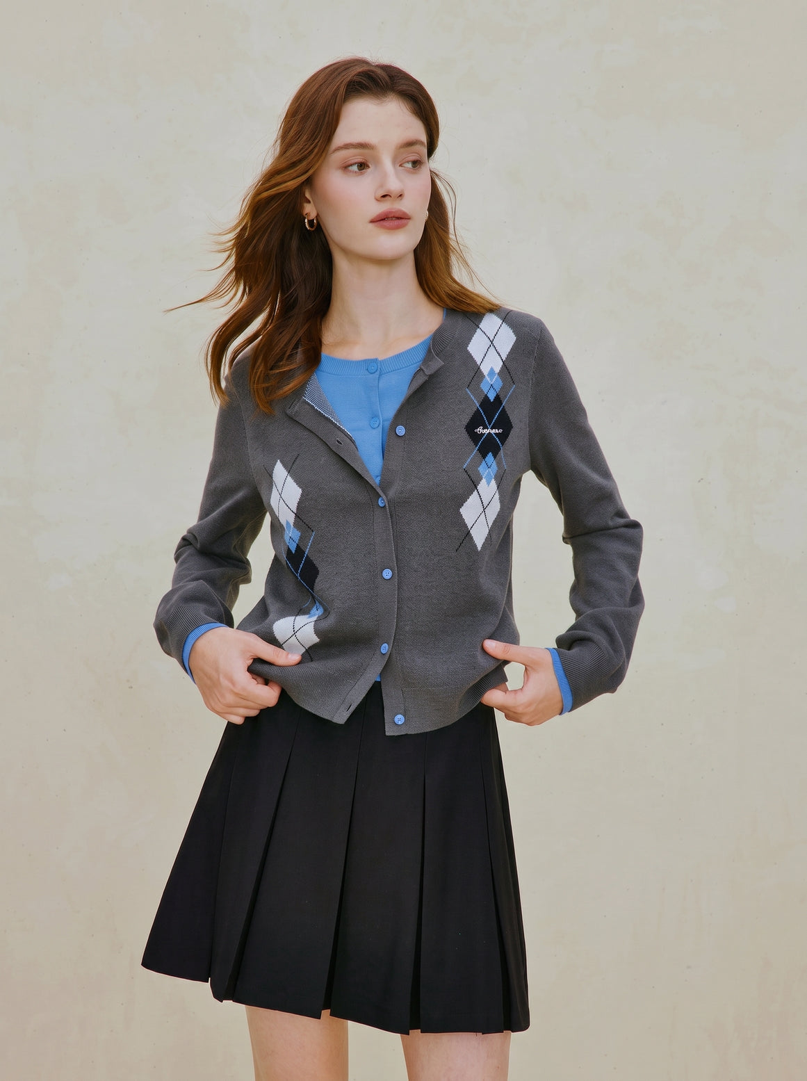 Cozy Argyle Pattern Knit Cardigan