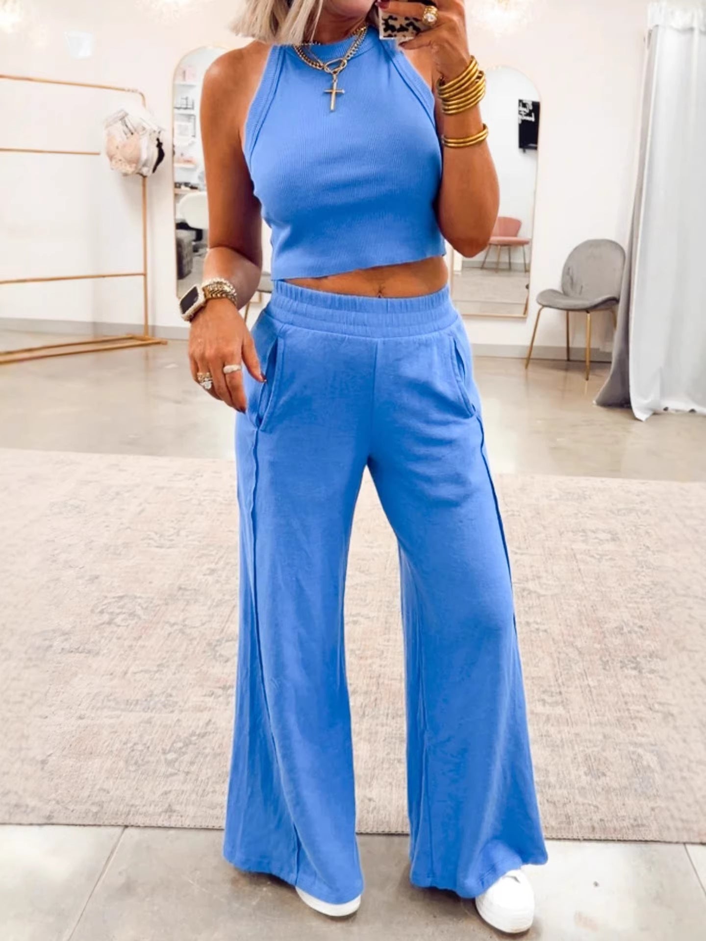 Sleeveless Wide Leg Chic Pant Set