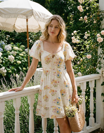 AYLA Floral Print Puff Sleeve Tiered Mini Dress