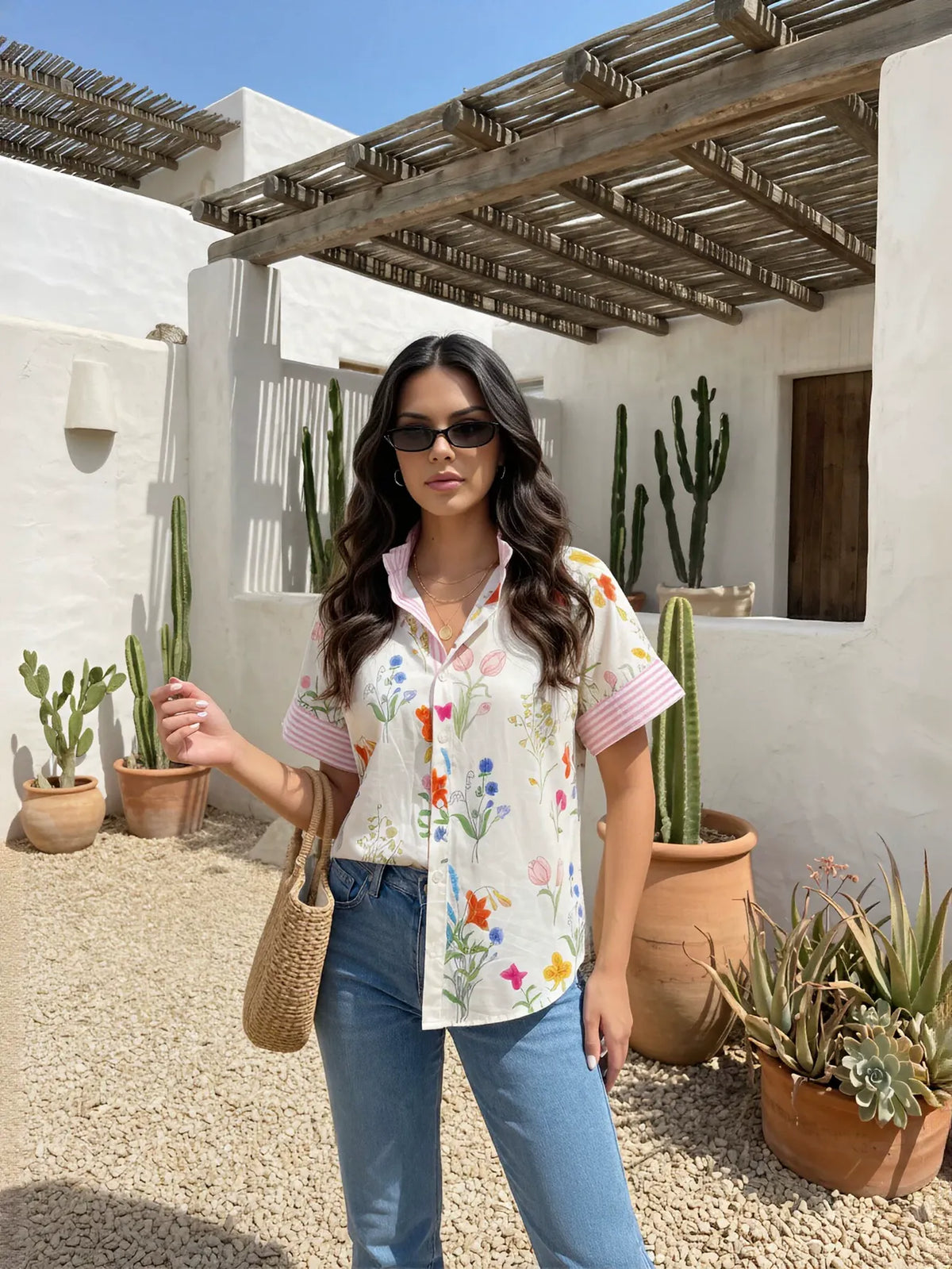 Floral Striped Short Sleeve Button Shirt