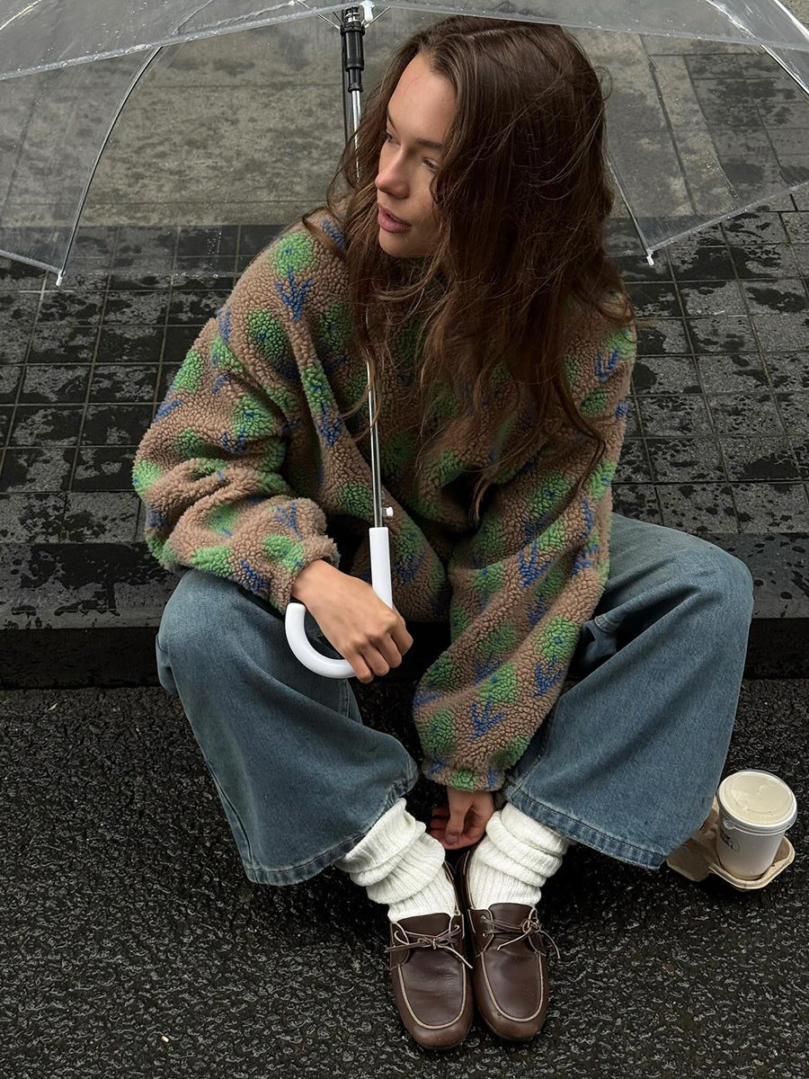Cozy Floral Quarter Zip Fleece Jacket