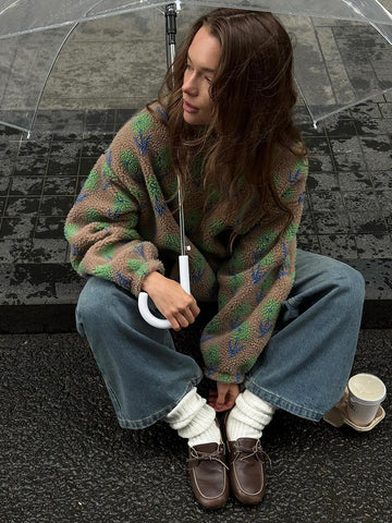 Cozy Floral Quarter Zip Fleece Jacket