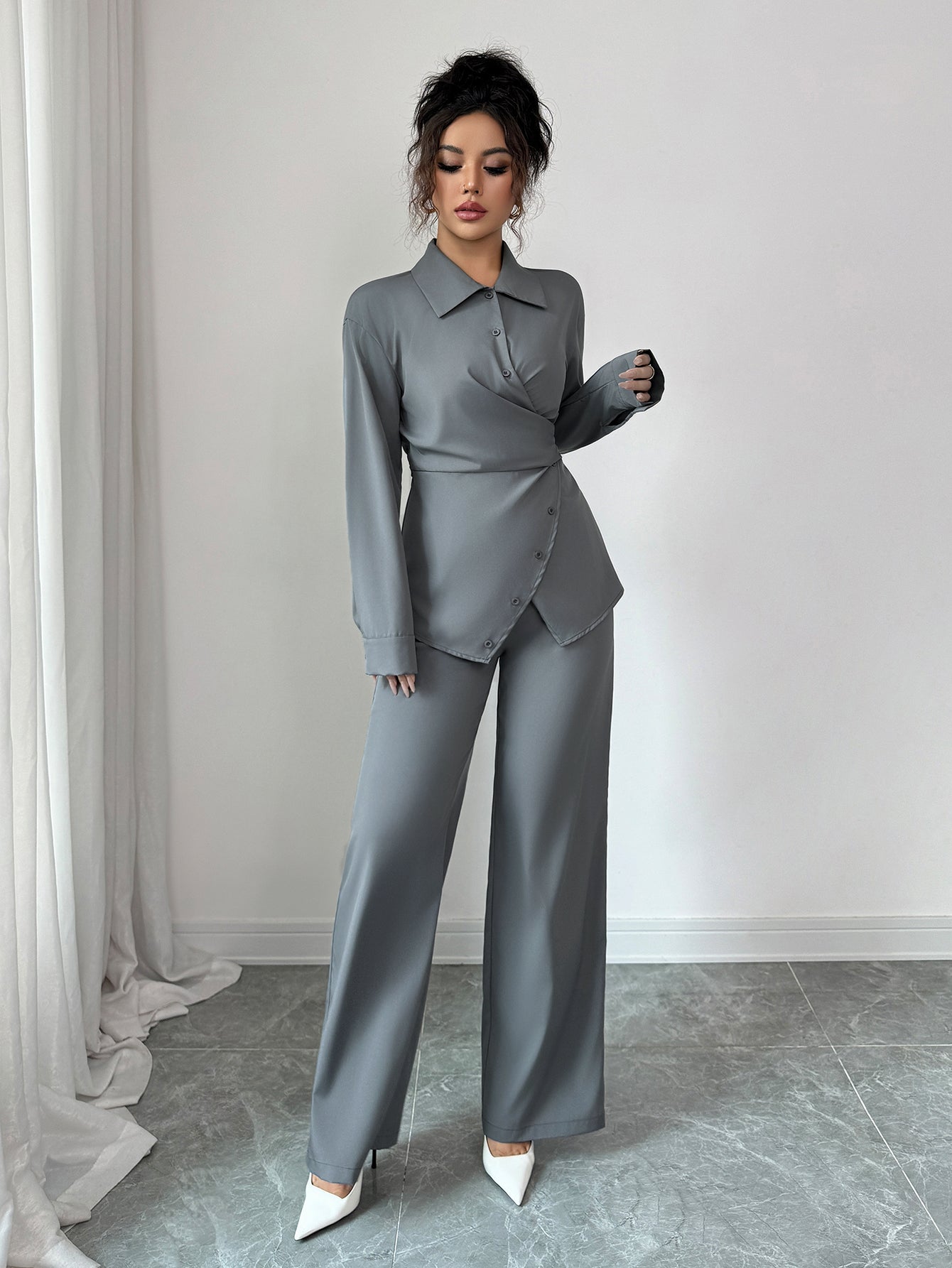 Elegant Wrap Buttoned Pant Set