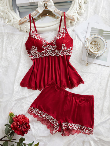 Floral Lace Trim Cami Pajama Set