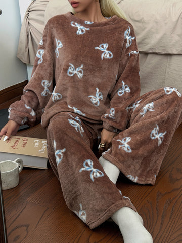 Cozy Plush Bow Print Pajama Set