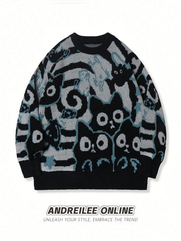 Oversized Cat Graphic Knit Sweater
