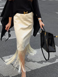 Satin Fringe Hem Midi Skirt