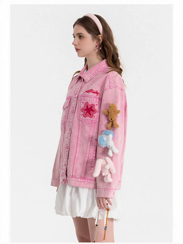 Oversized Pink Graphic Denim Jacket