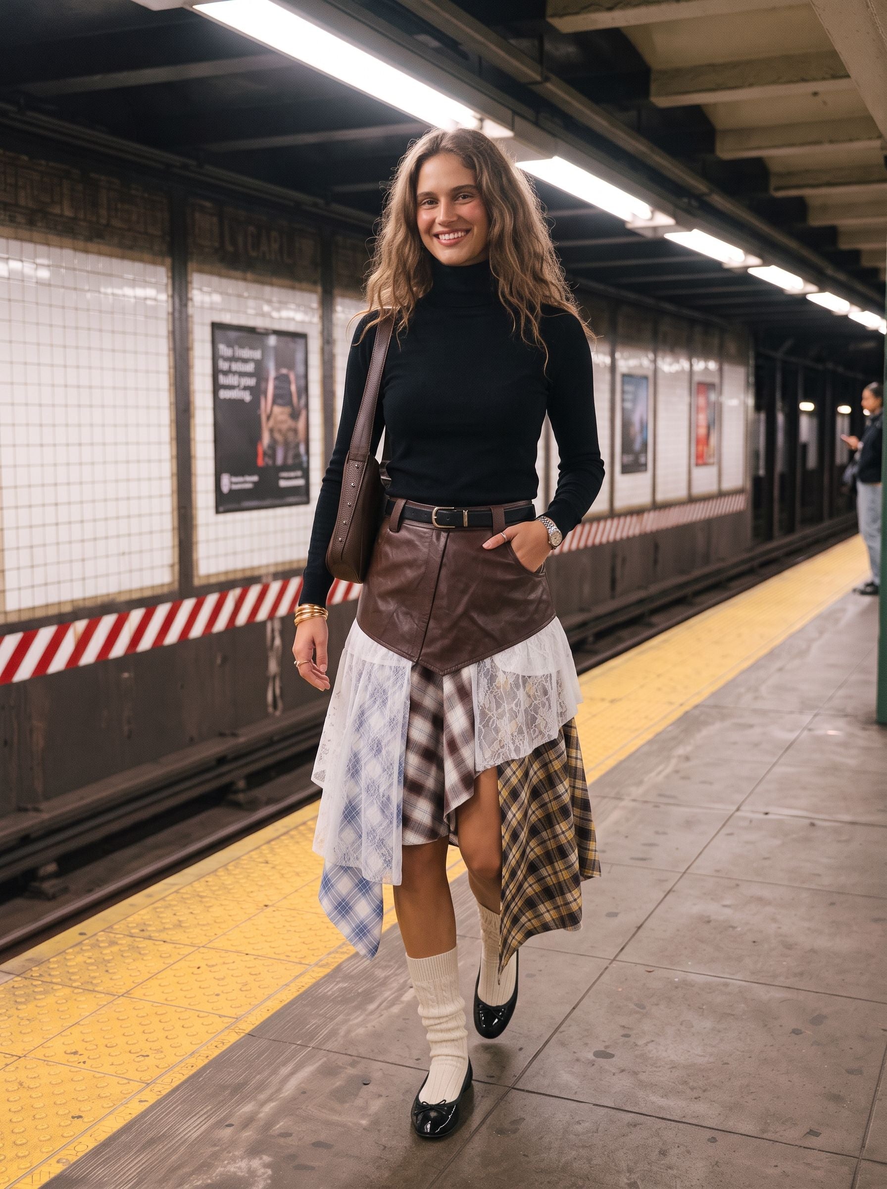 Patchwork Plaid High Waisted Denim Skirt