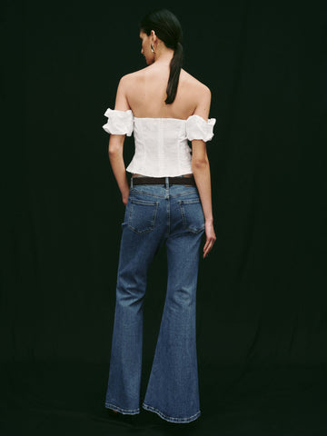 Ruffle Trim Embroidered Boat Neck Overhead Shirts