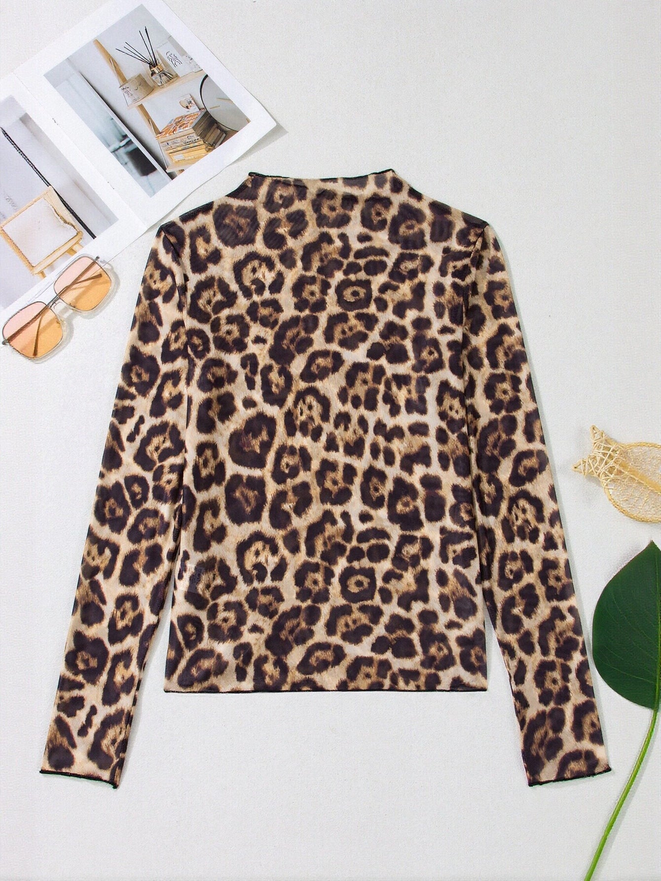 Sheer Leopard Print Mock Neck Tee