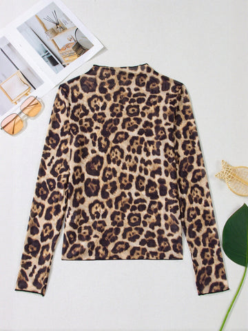 Sheer Leopard Print Mock Neck Tee
