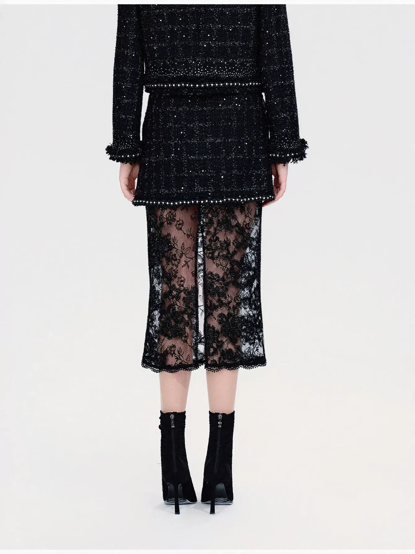 Embellished Tweed Lace Midi Skirt