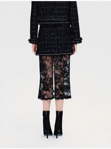 Embellished Tweed Lace Midi Skirt
