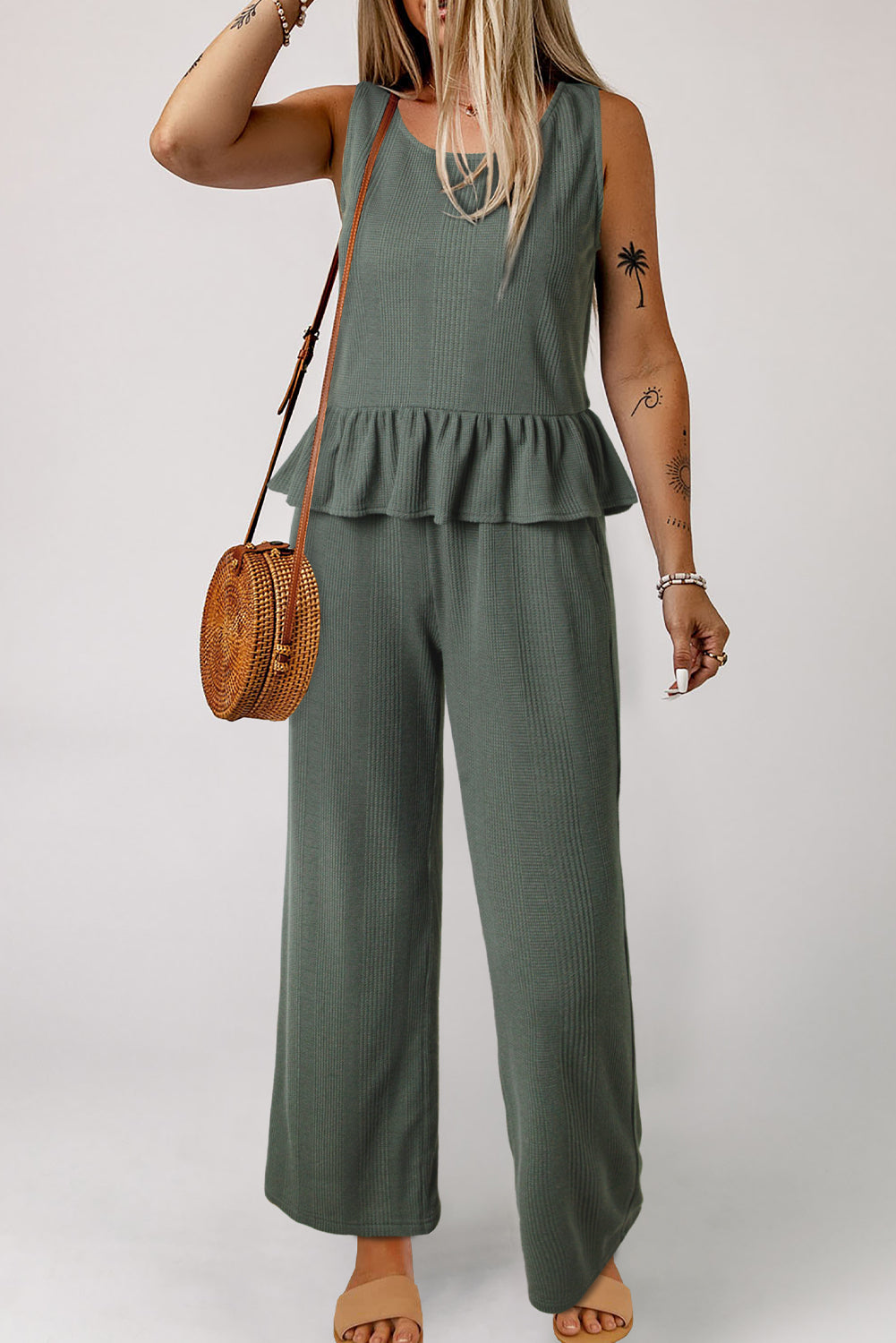 Ribbed Peplum Top Wide Leg Pant Set