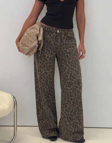 High Waisted Leopard Print Wide Leg Jeans