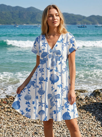 Floral Print V Neck Tiered Babydoll Mini Dress