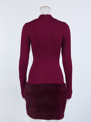 Faux Fur Trim Mock Neck Dress