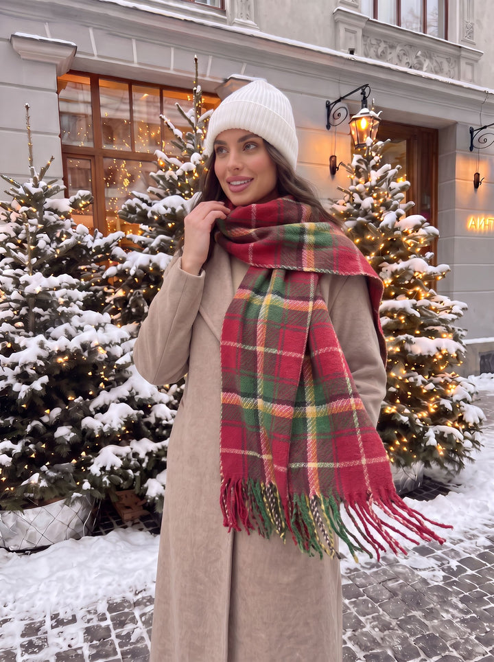 Cozy Plaid Holiday Tassel Scarf