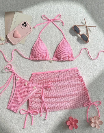 Pink Crochet Mesh Bikini Three Piece Set