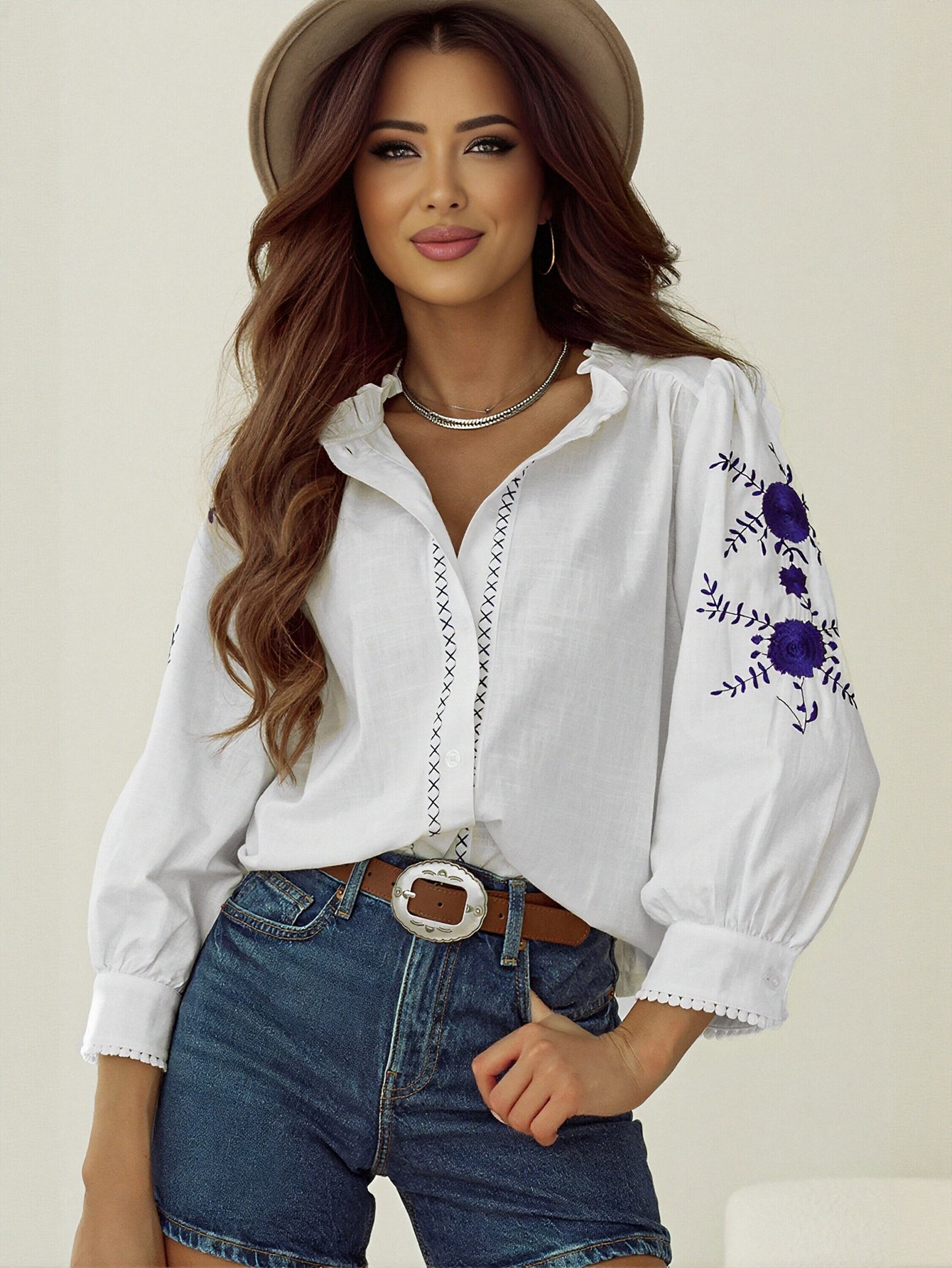 Embroidered Puff Sleeve Shirt