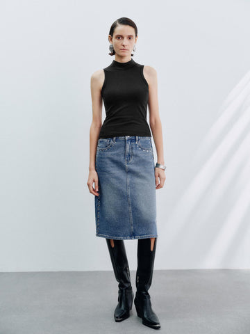 Urban Revivo Denim Midi Skirts-Blue