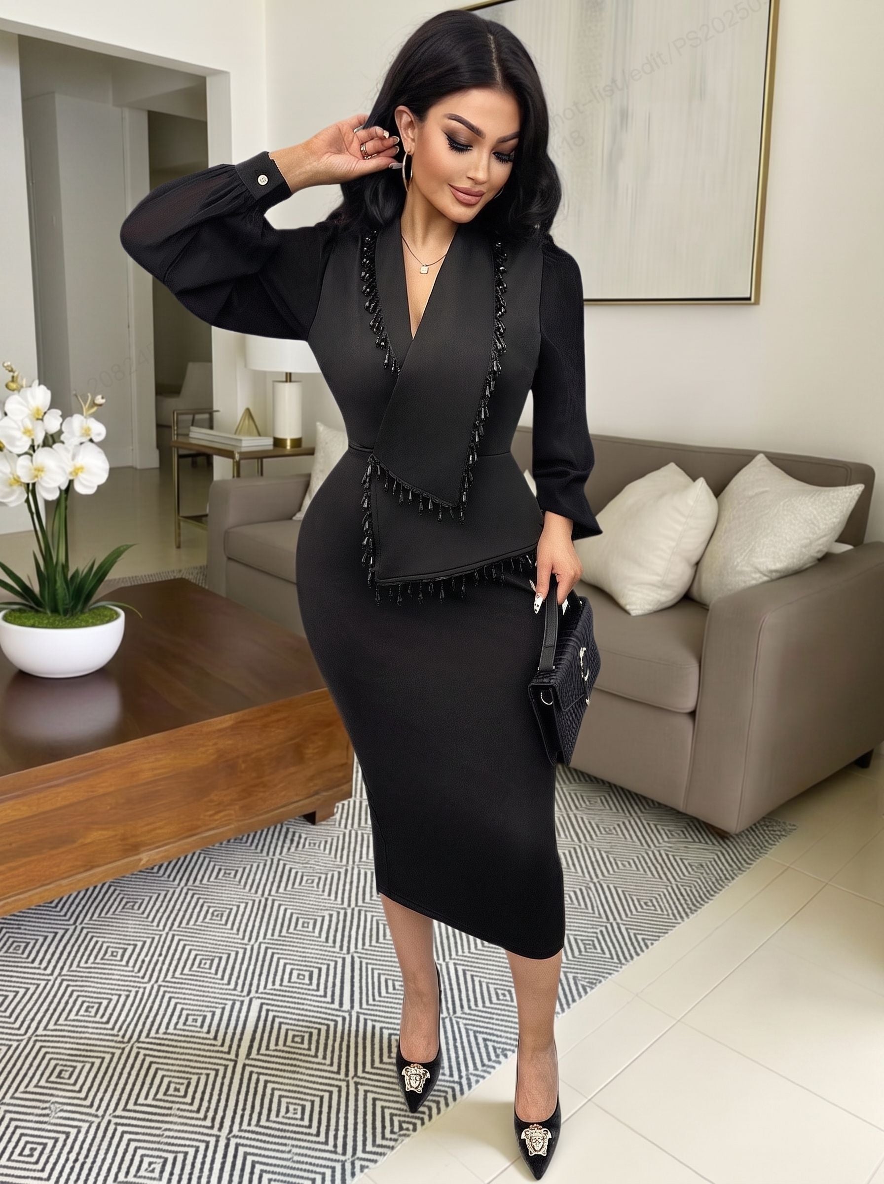 Beaded Trim Peplum Bodycon Midi Dress